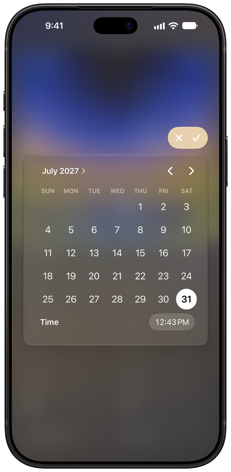 Shared on iPhone 18 Pro Max showing Reminder Picker in the Purple tint, dark appearance.