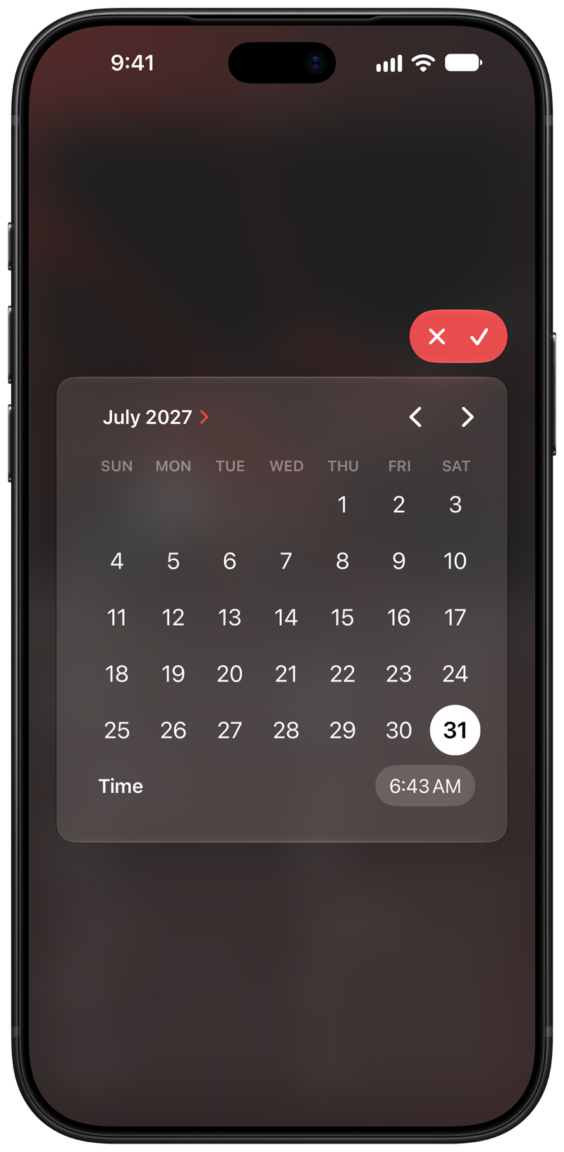 Shared on iPhone 18 Pro Max showing Reminder Picker in the Red tint, dark appearance.