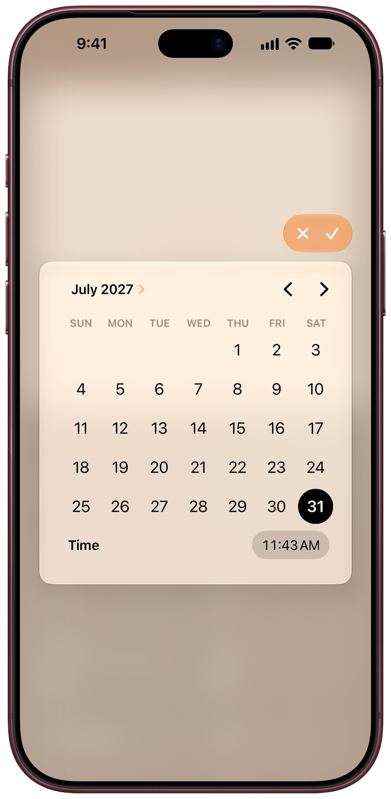 Shared on iPhone 18 Pro Max showing Reminder Picker in the Orange tint, light appearance.