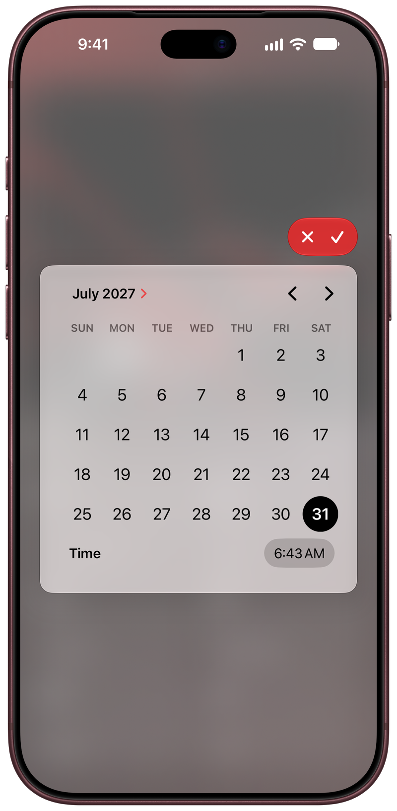 Shared on iPhone 18 Pro Max showing Reminder Picker in the Red tint, light appearance.