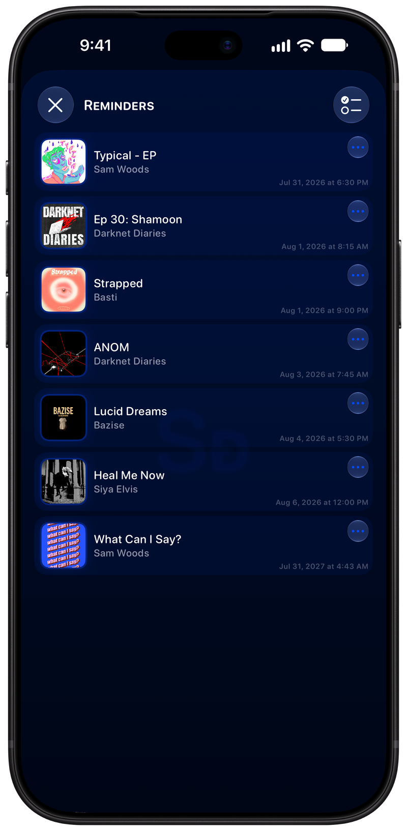 Shared on iPhone 18 Pro Max showing Reminders in the Blue tint, dark appearance.