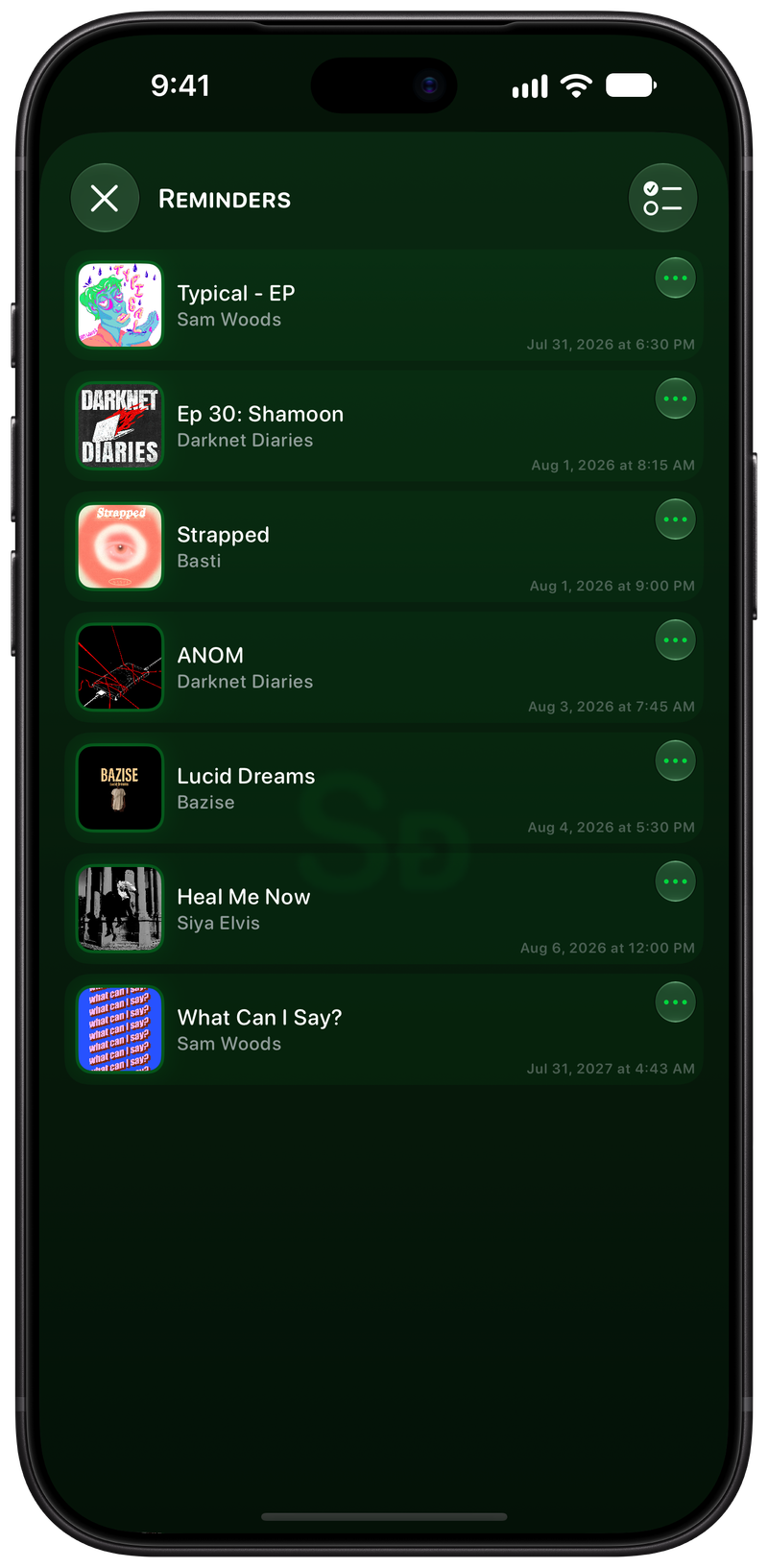 Shared on iPhone 18 Pro Max showing Reminders in the Green tint, dark appearance.