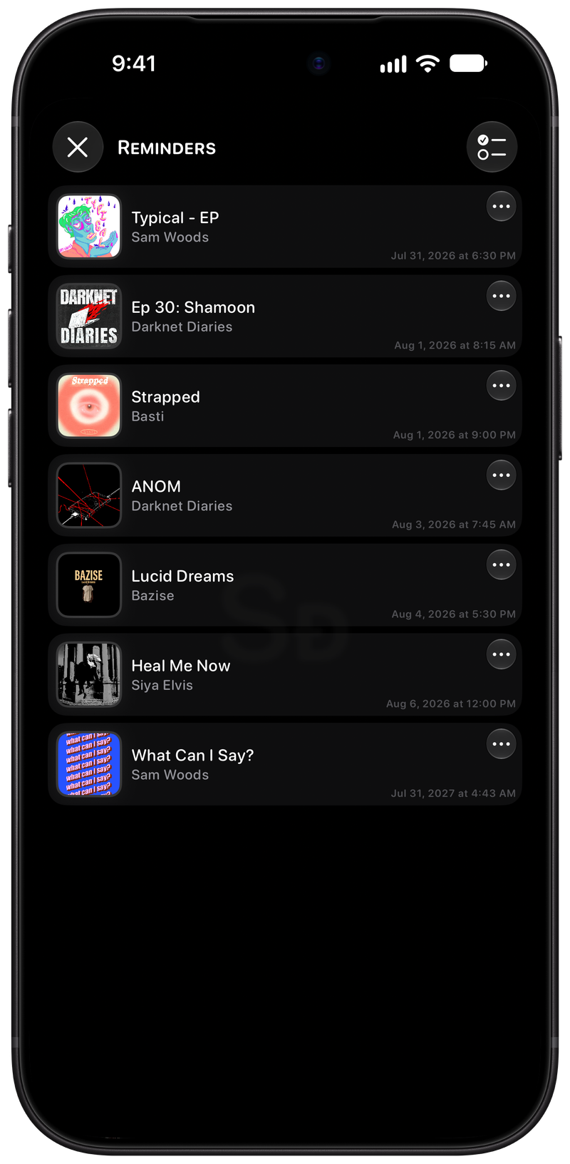 Shared on iPhone 18 Pro Max showing Reminders in the Grey tint, dark appearance.
