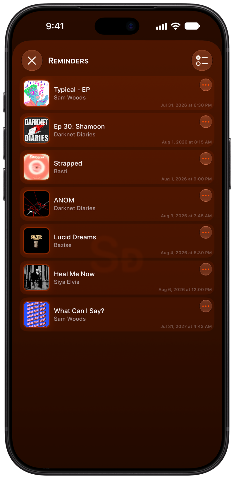 Shared on iPhone 18 Pro Max showing Reminders in the Orange tint, dark appearance.