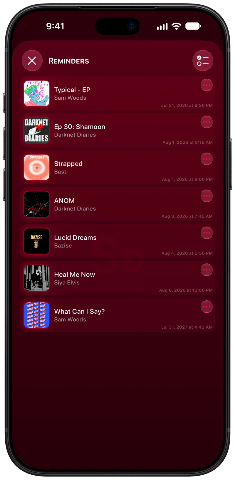 Shared on iPhone 18 Pro Max showing Reminders in the Pink tint, dark appearance.