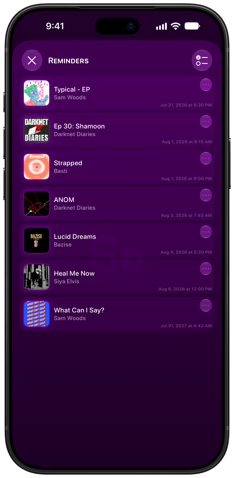 Shared on iPhone 18 Pro Max showing Reminders in the Purple tint, dark appearance.