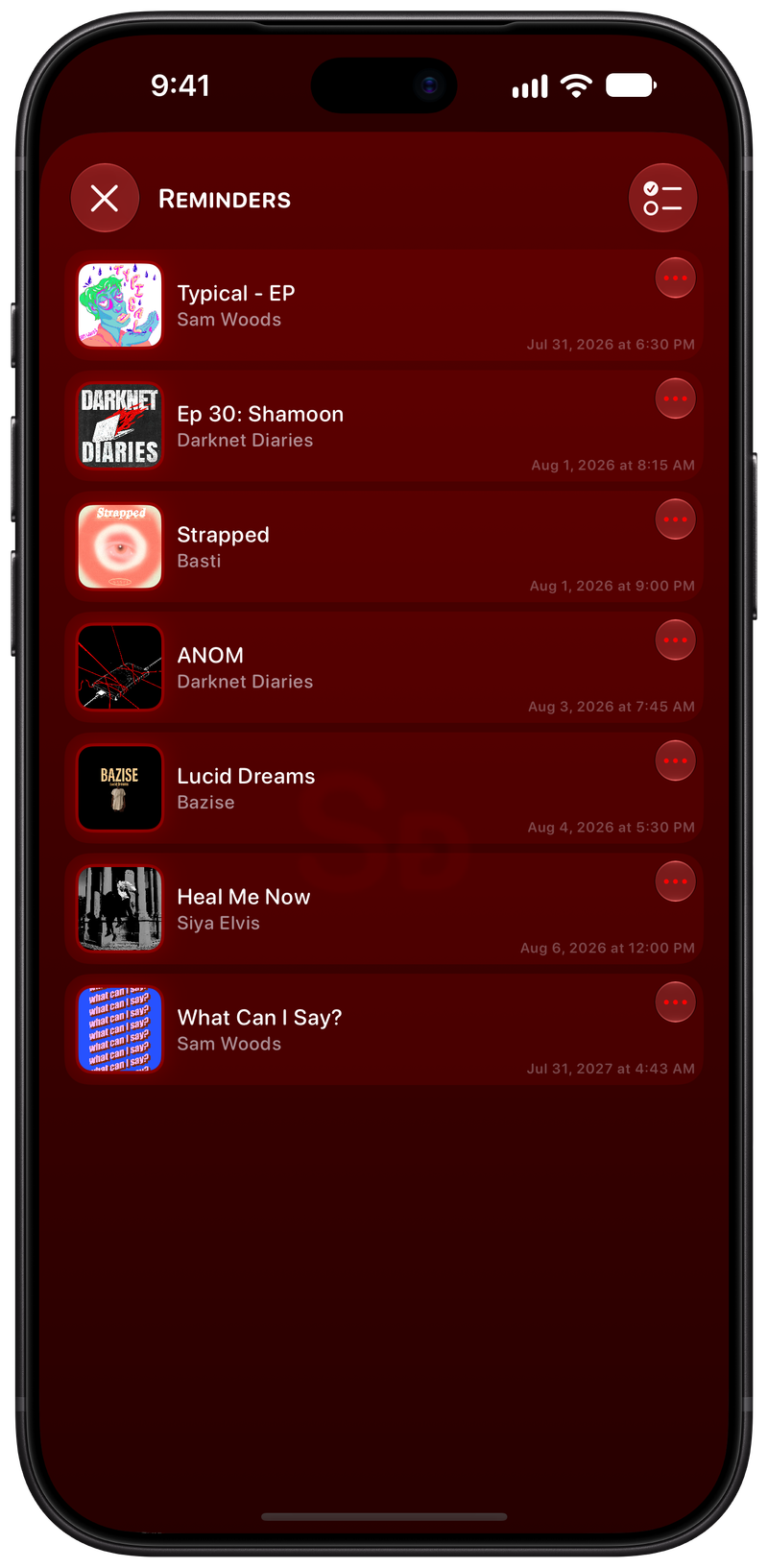Shared on iPhone 18 Pro Max showing Reminders in the Red tint, dark appearance.