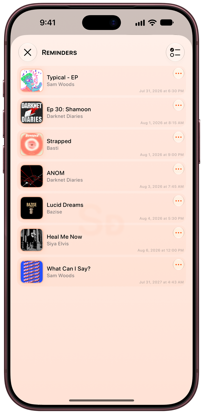 Shared on iPhone 18 Pro Max showing Reminders in the Orange tint, light appearance.