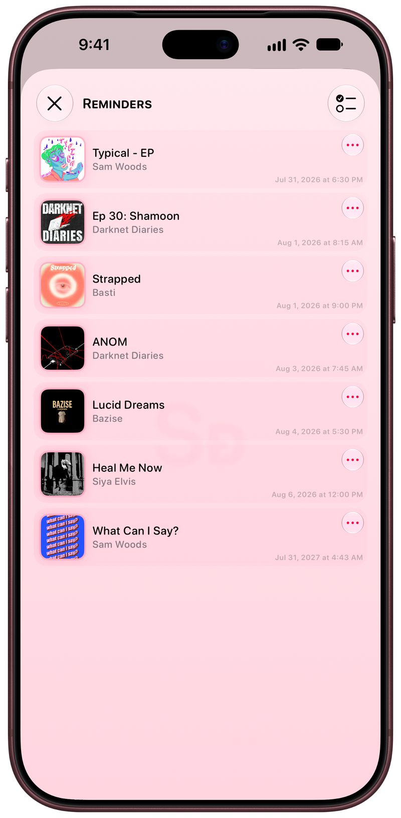Shared on iPhone 18 Pro Max showing Reminders in the Pink tint, light appearance.