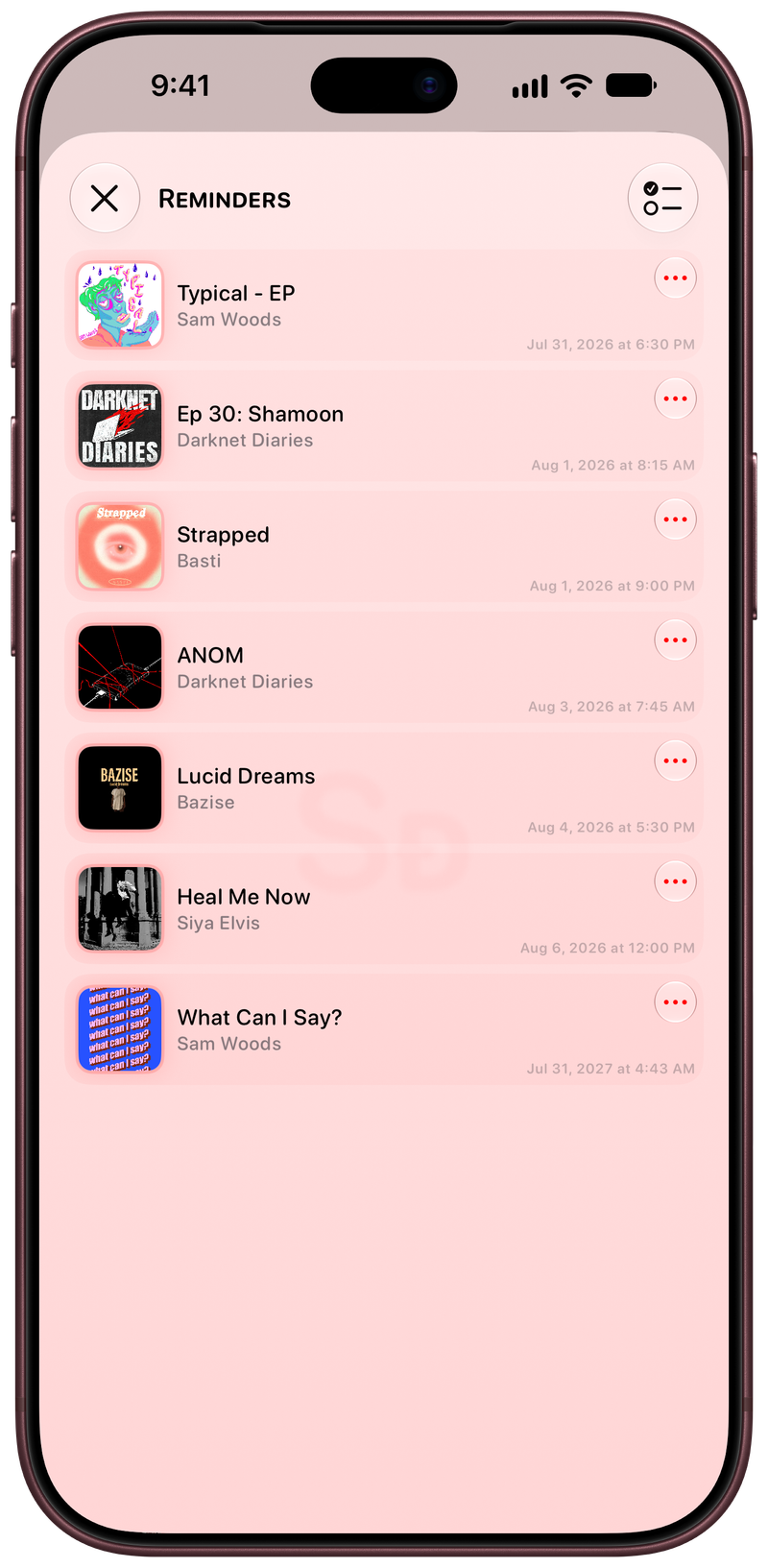 Shared on iPhone 18 Pro Max showing Reminders in the Red tint, light appearance.