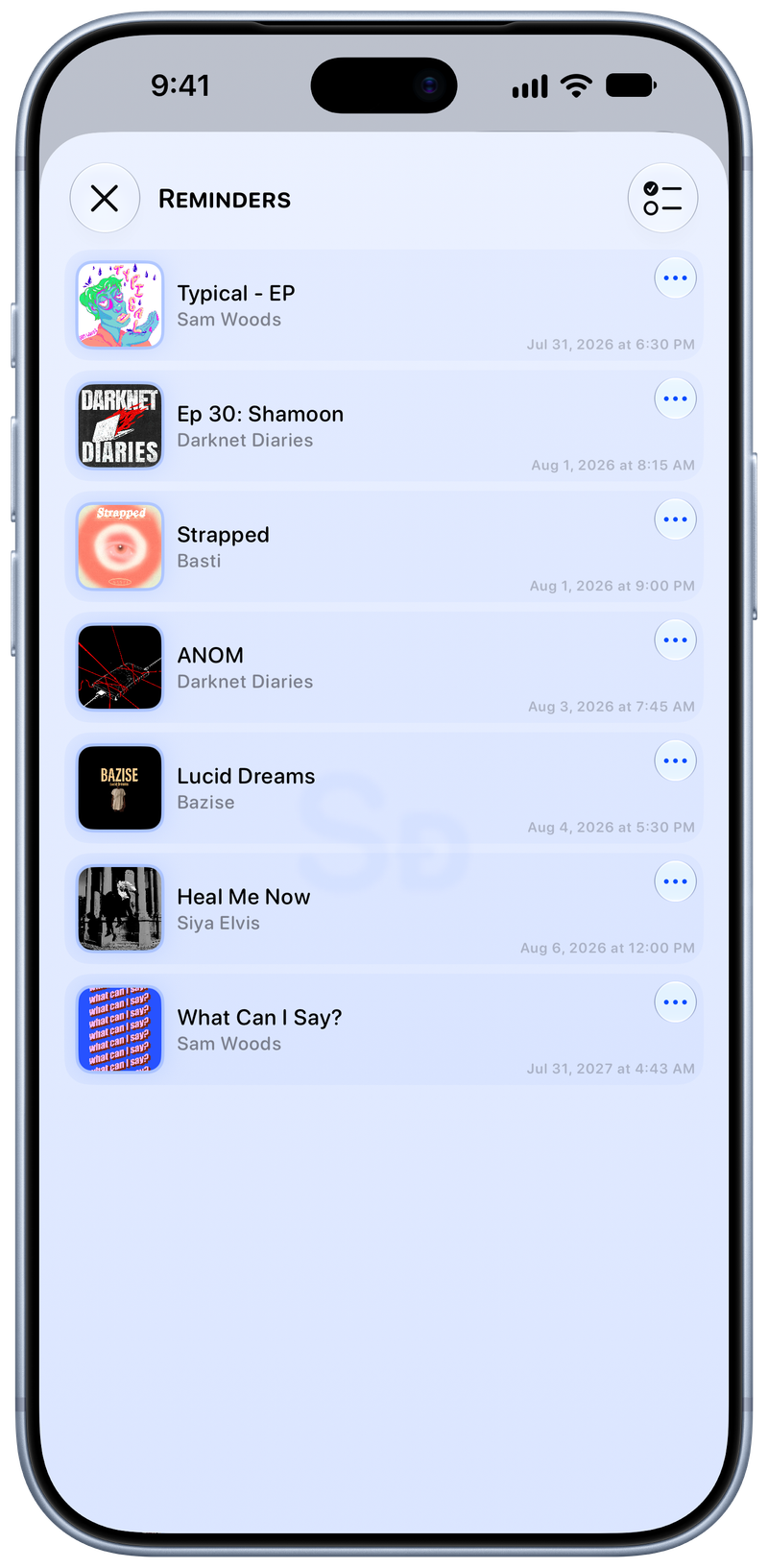 Shared on iPhone 18 Pro Max showing Reminders in the Blue tint, light appearance.