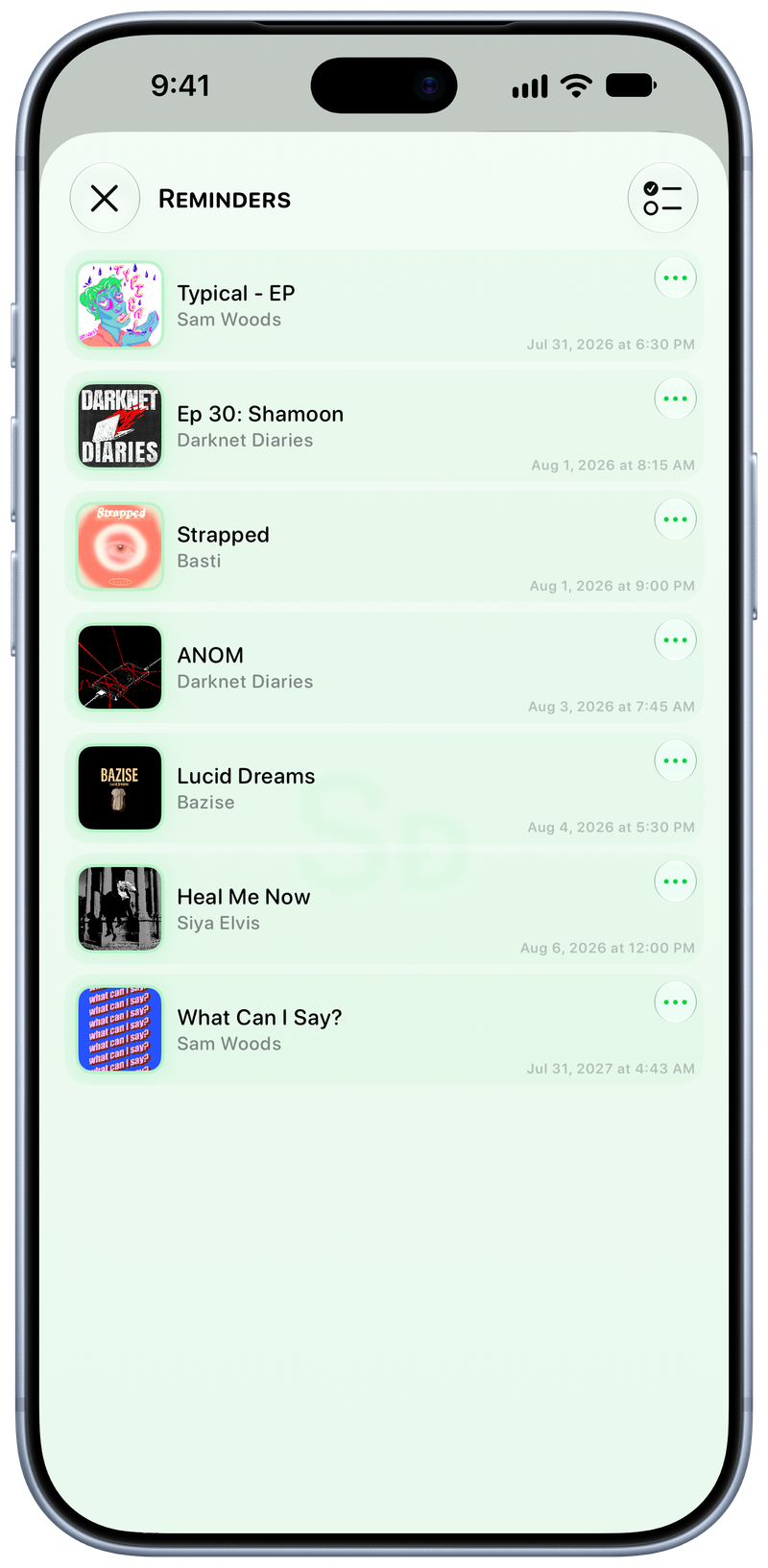 Shared on iPhone 18 Pro Max showing Reminders in the Green tint, light appearance.