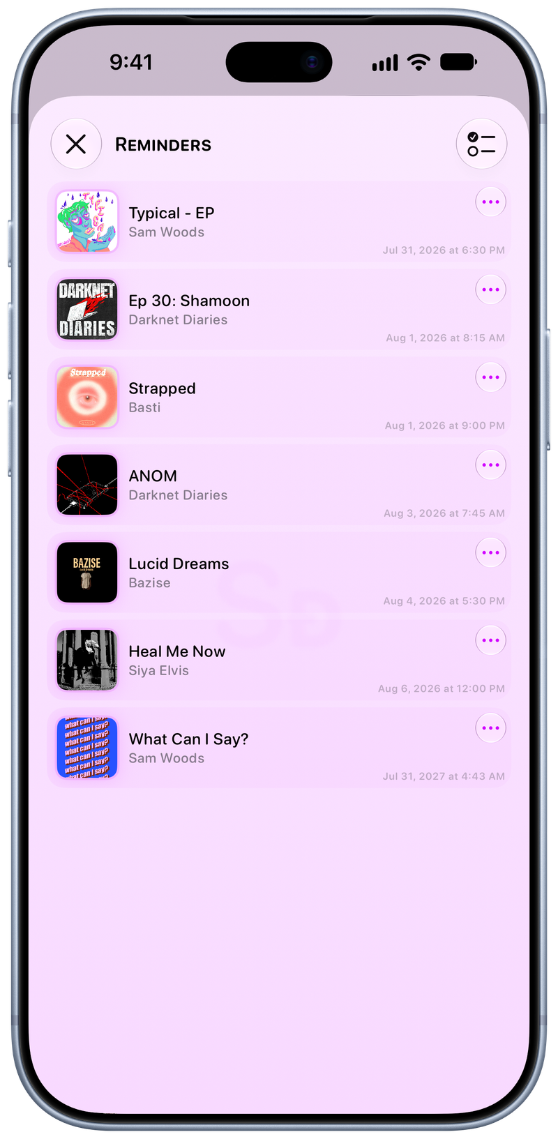 Shared on iPhone 18 Pro Max showing Reminders in the Purple tint, light appearance.