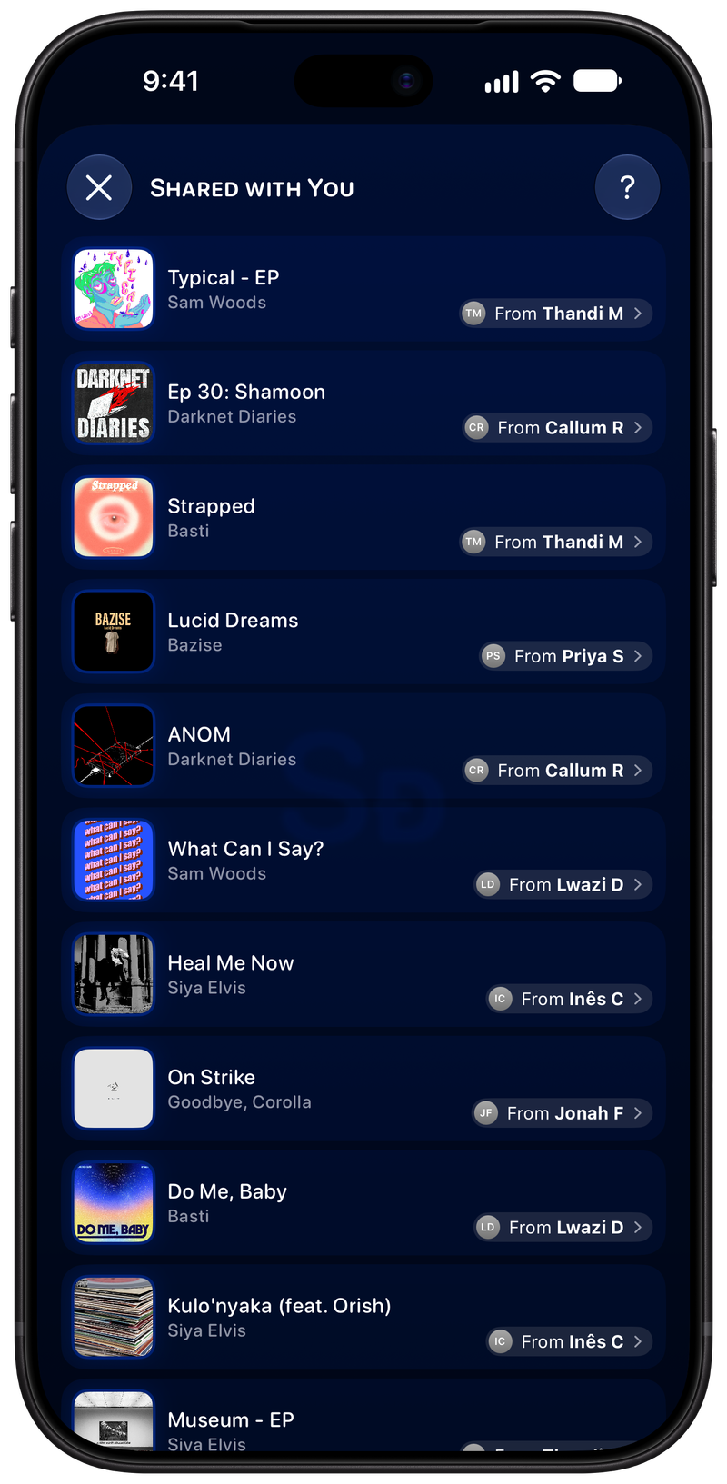 Shared on iPhone 18 Pro Max showing Shared with You in the Blue tint, dark appearance.