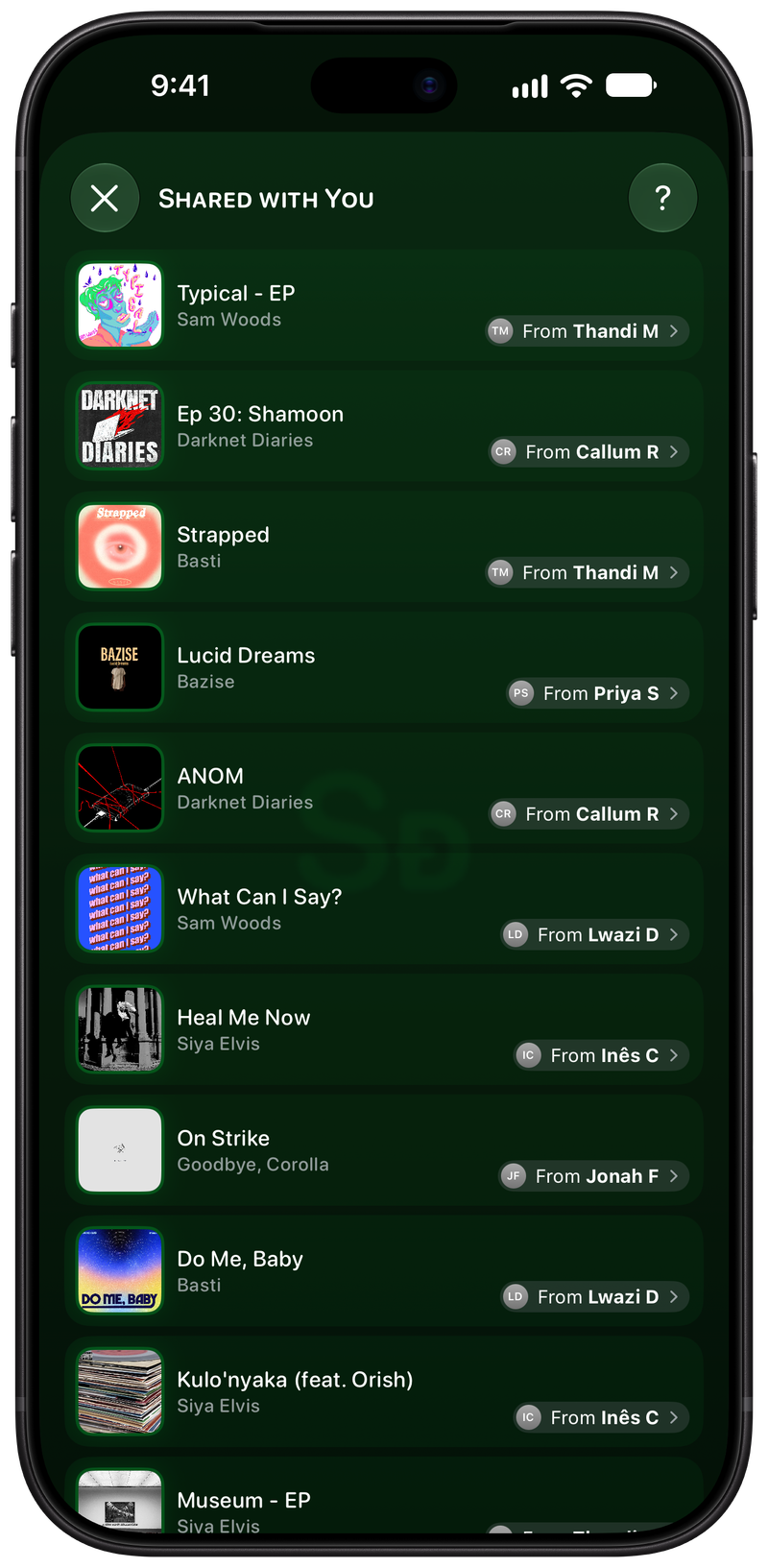 Shared on iPhone 18 Pro Max showing Shared with You in the Green tint, dark appearance.