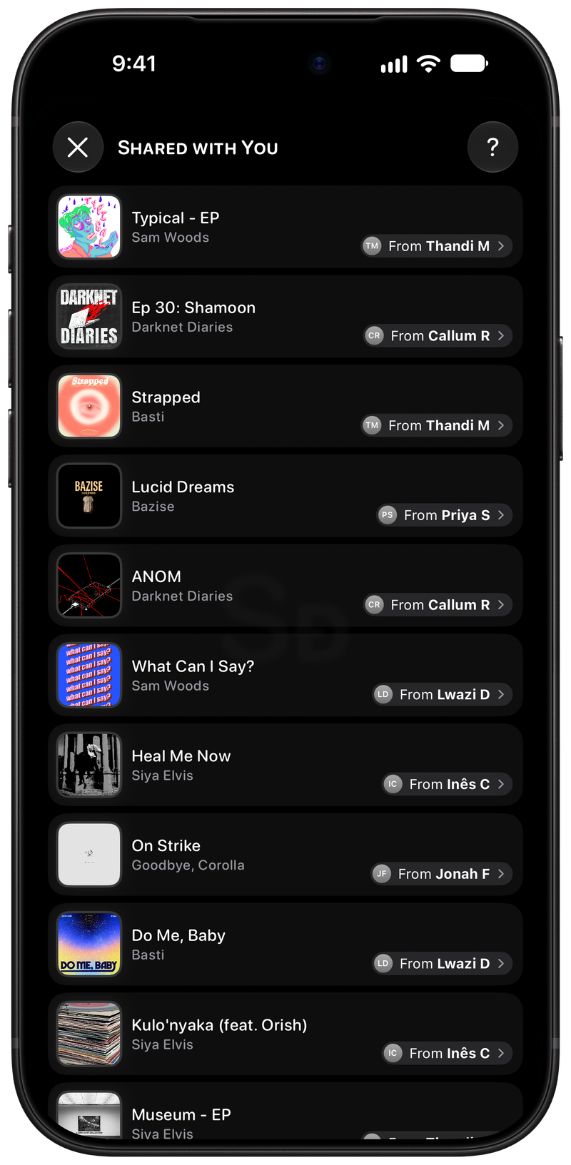 Shared on iPhone 18 Pro Max showing Shared with You in the Grey tint, dark appearance.