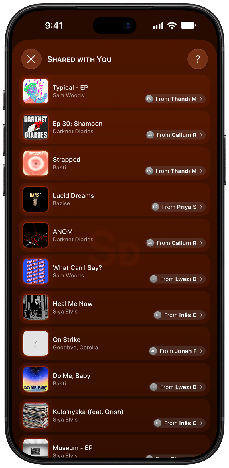 Shared on iPhone 18 Pro Max showing Shared with You in the Orange tint, dark appearance.