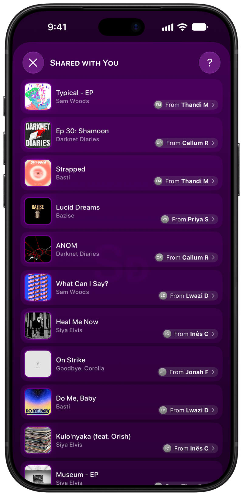Shared on iPhone 18 Pro Max showing Shared with You in the Purple tint, dark appearance.