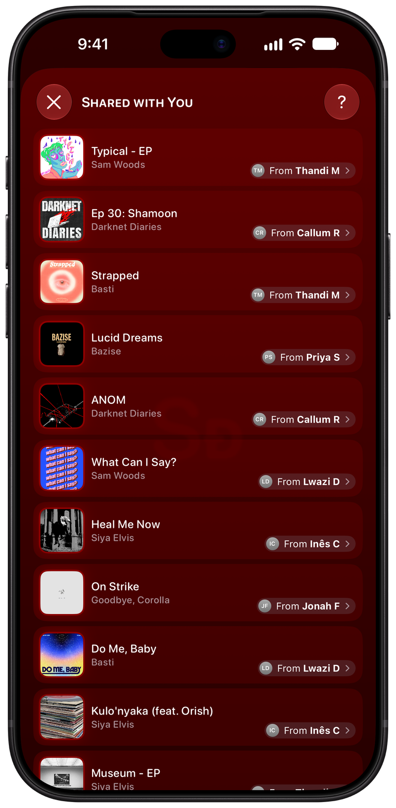 Shared on iPhone 18 Pro Max showing Shared with You in the Red tint, dark appearance.