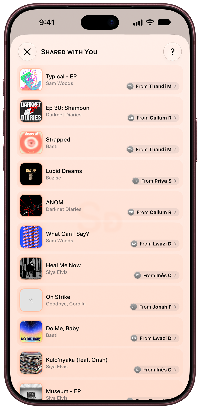 Shared on iPhone 18 Pro Max showing Shared with You in the Orange tint, light appearance.