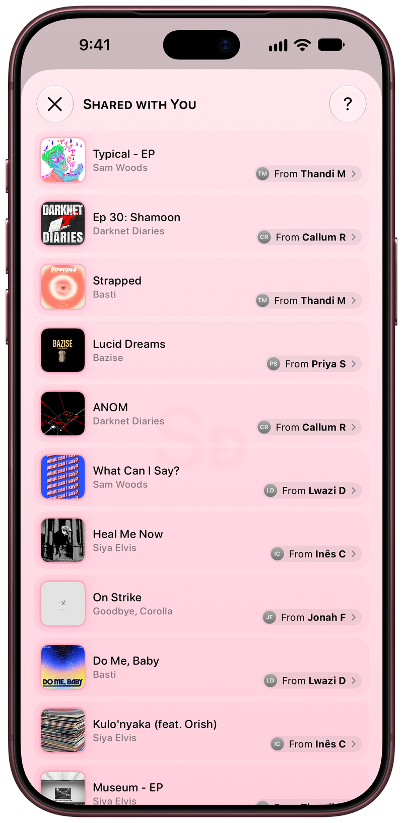 Shared on iPhone 18 Pro Max showing Shared with You in the Pink tint, light appearance.