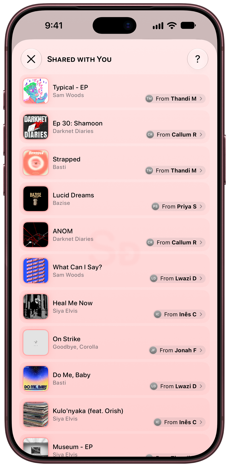 Shared on iPhone 18 Pro Max showing Shared with You in the Red tint, light appearance.