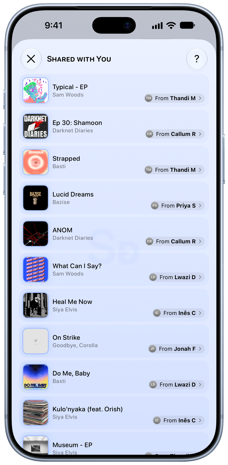 Shared on iPhone 18 Pro Max showing Shared with You in the Blue tint, light appearance.
