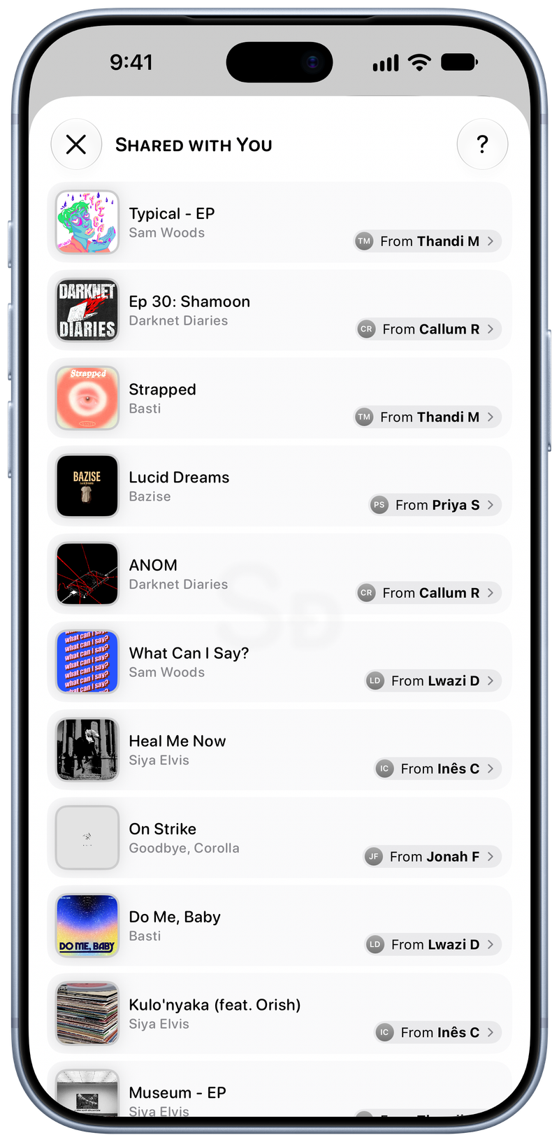 Shared on iPhone 18 Pro Max showing Shared with You in the Grey tint, light appearance.