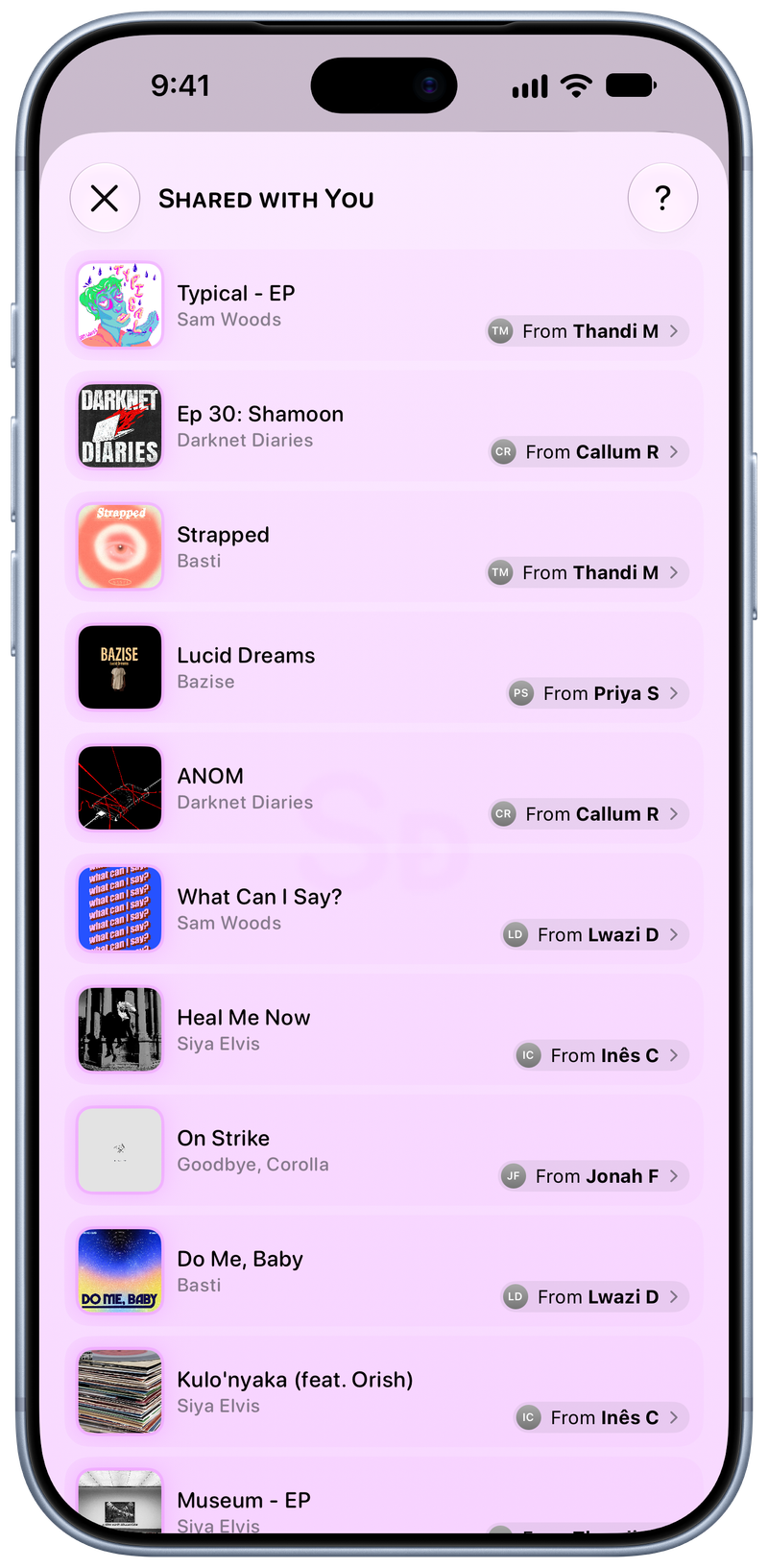 Shared on iPhone 18 Pro Max showing Shared with You in the Purple tint, light appearance.
