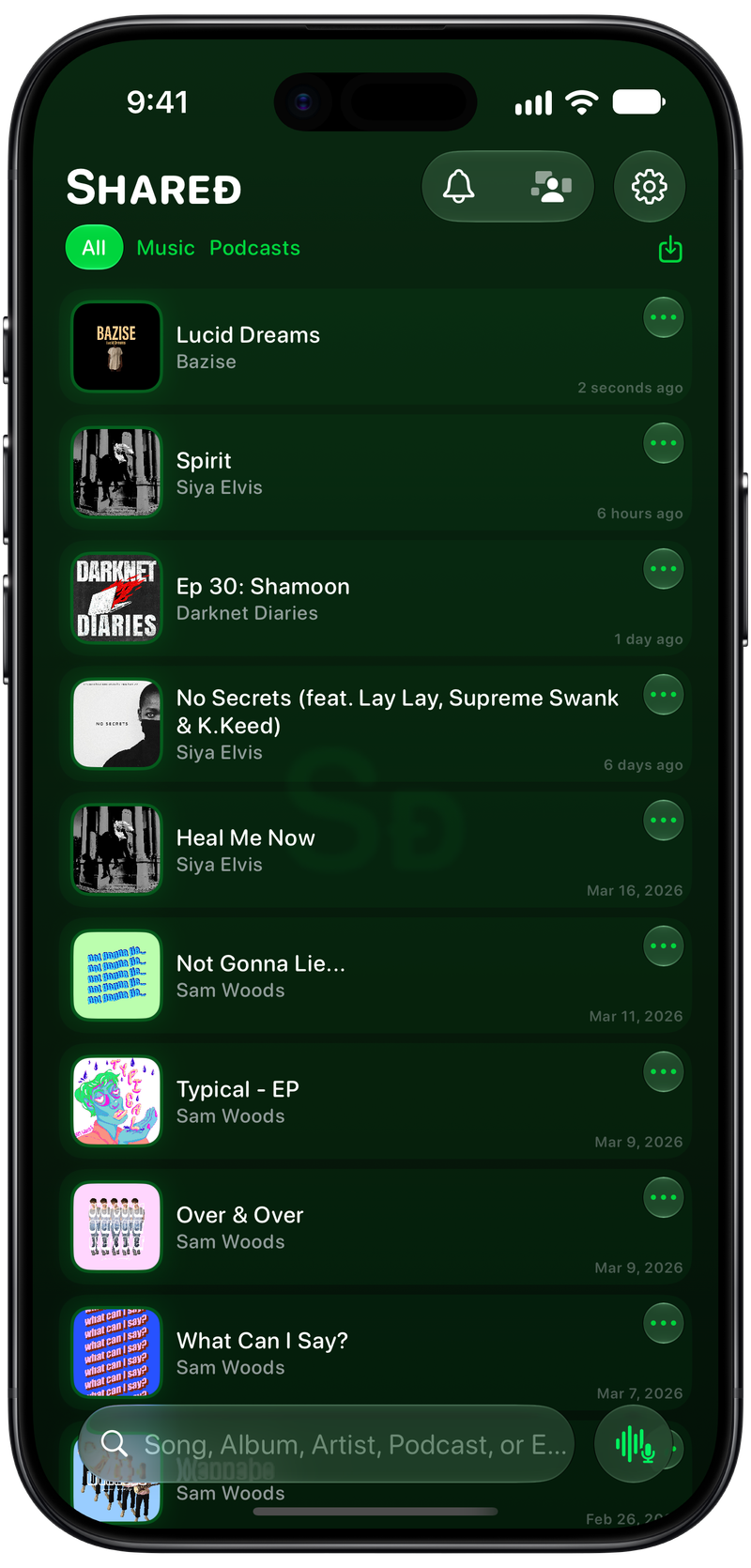 Shared on iPhone Air showing History in the Green tint, dark appearance.