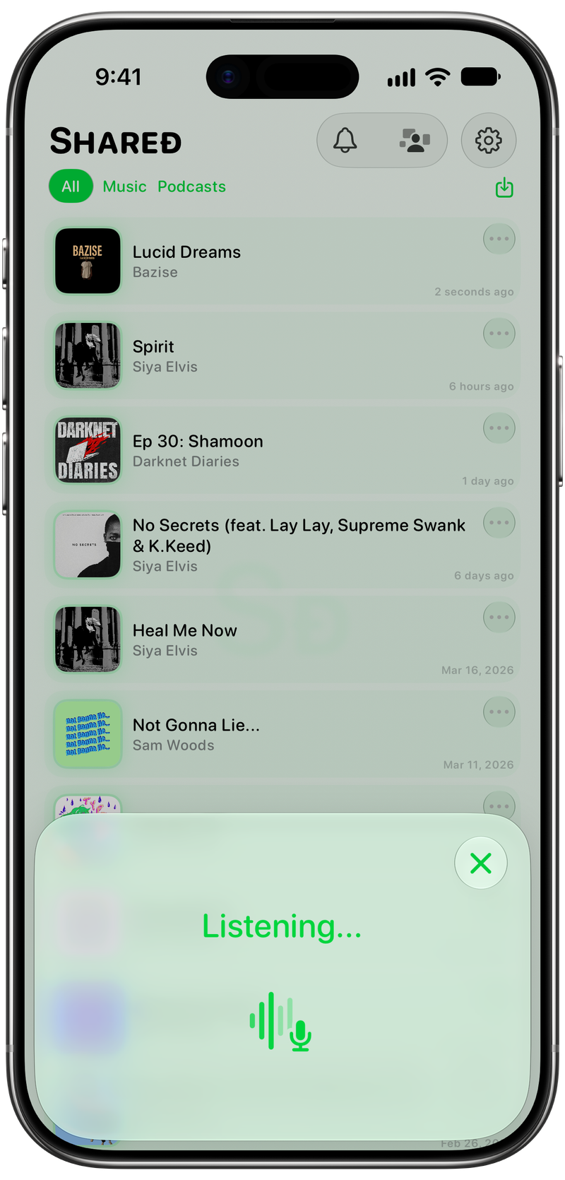 Shared on iPhone Air showing Identifying Song in the Green tint, light appearance.