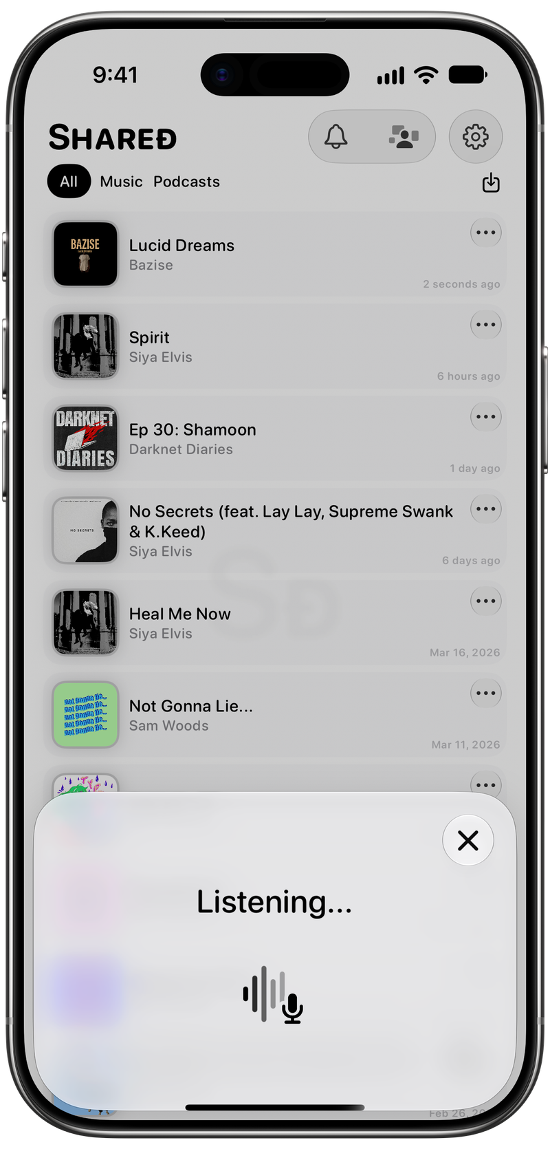 Shared on iPhone Air showing Identifying Song in the Grey tint, light appearance.