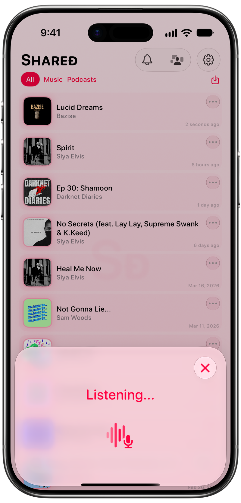 Shared on iPhone Air showing Identifying Song in the Pink tint, light appearance.
