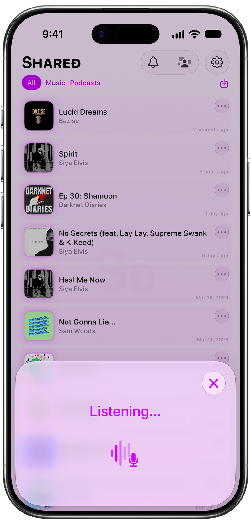 Shared on iPhone Air showing Identifying Song in the Purple tint, light appearance.