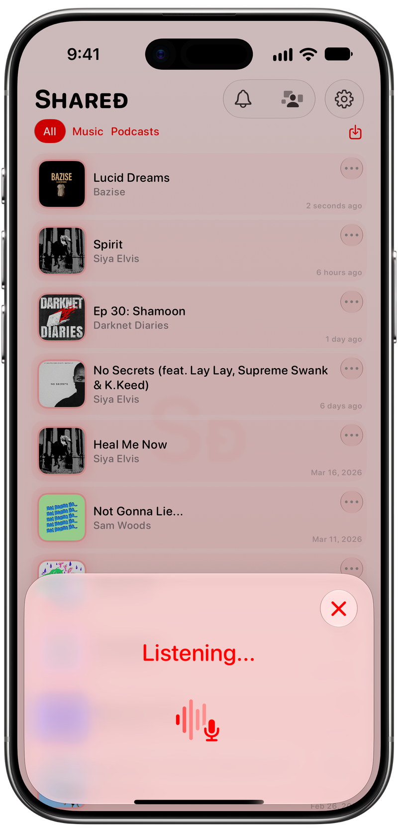 Shared on iPhone Air showing Identifying Song in the Red tint, light appearance.