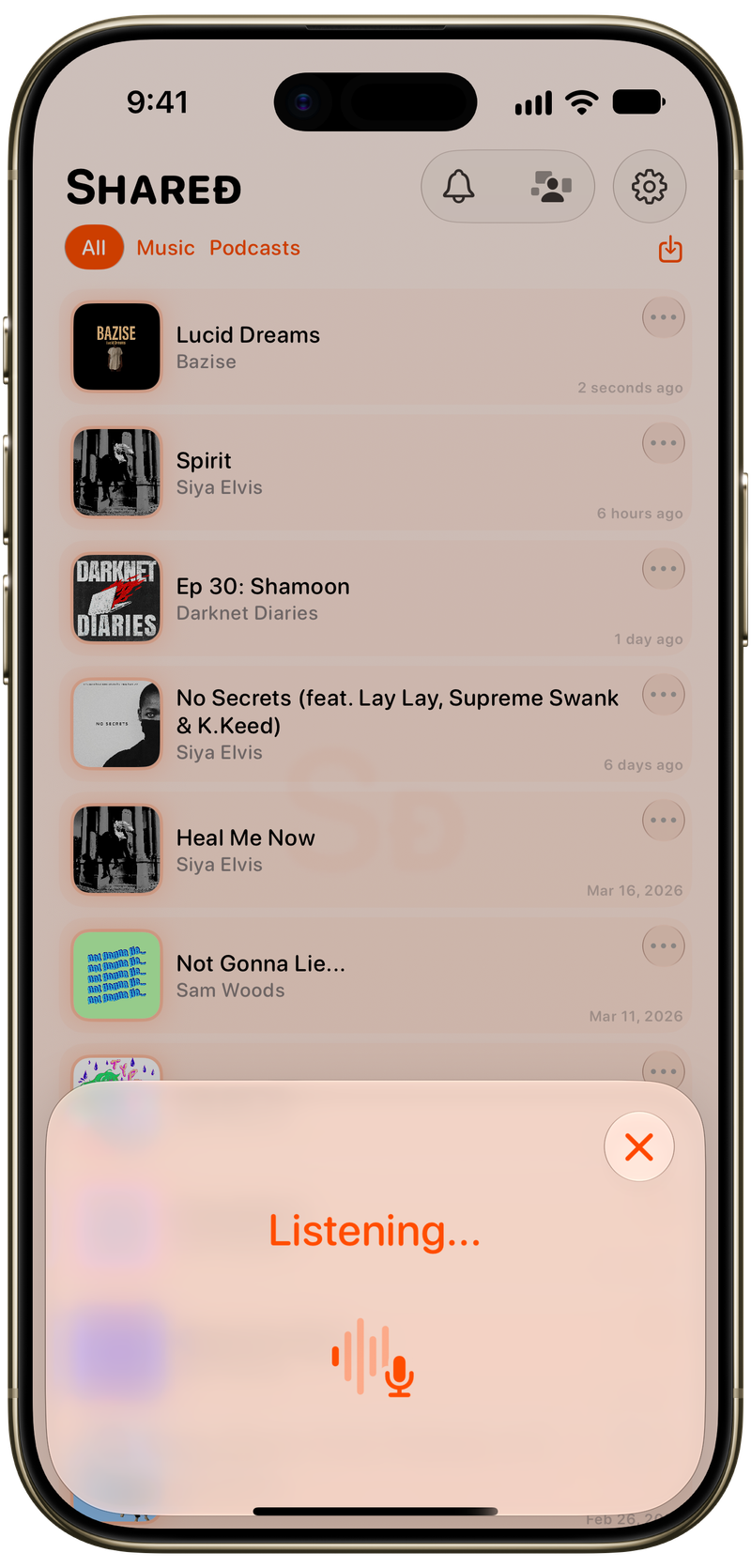 Shared on iPhone Air showing Identifying Song in the Orange tint, light appearance.