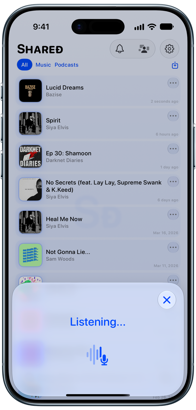 Shared on iPhone Air showing Identifying Song in the Blue tint, light appearance.