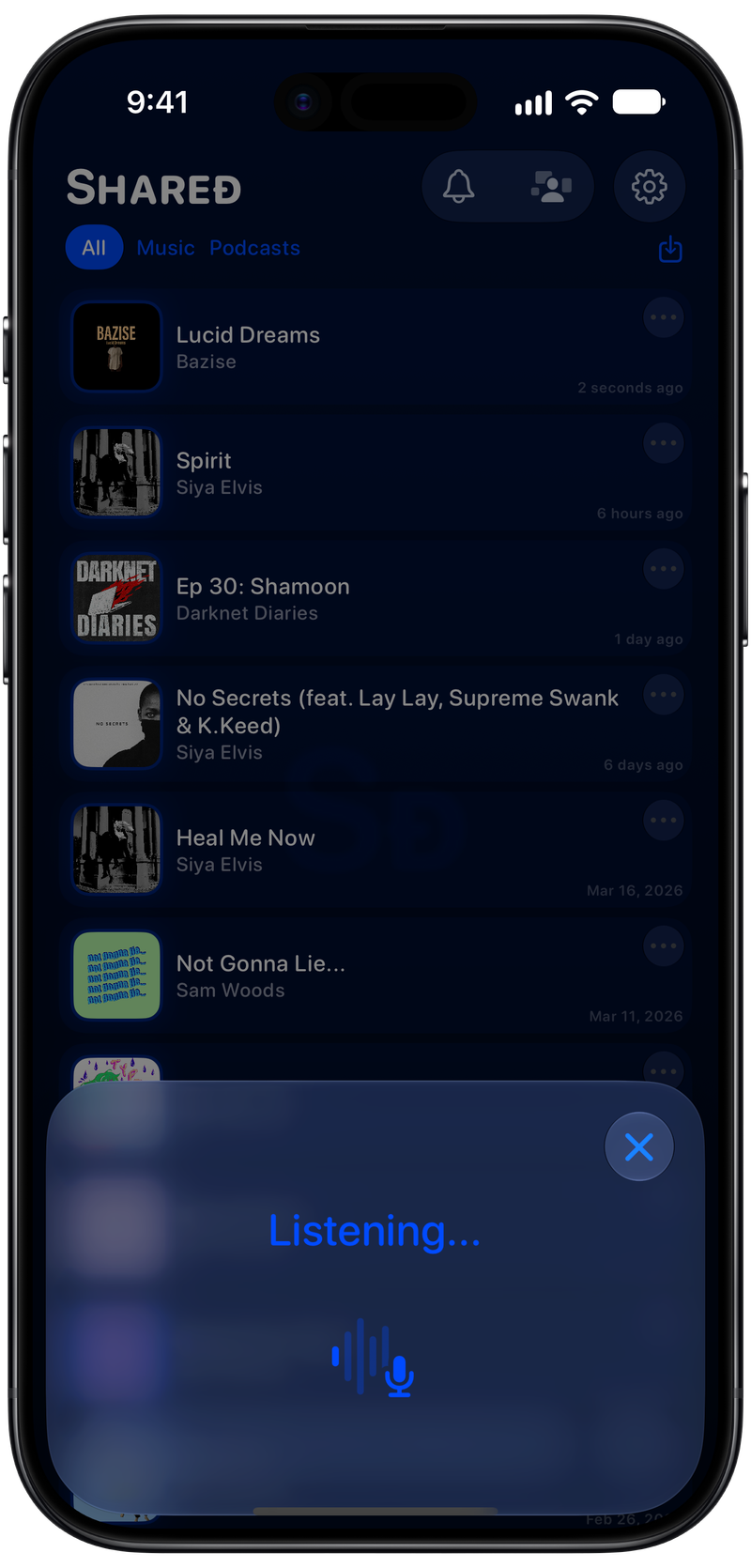 Shared on iPhone Air showing Identifying Song in the Blue tint, dark appearance.