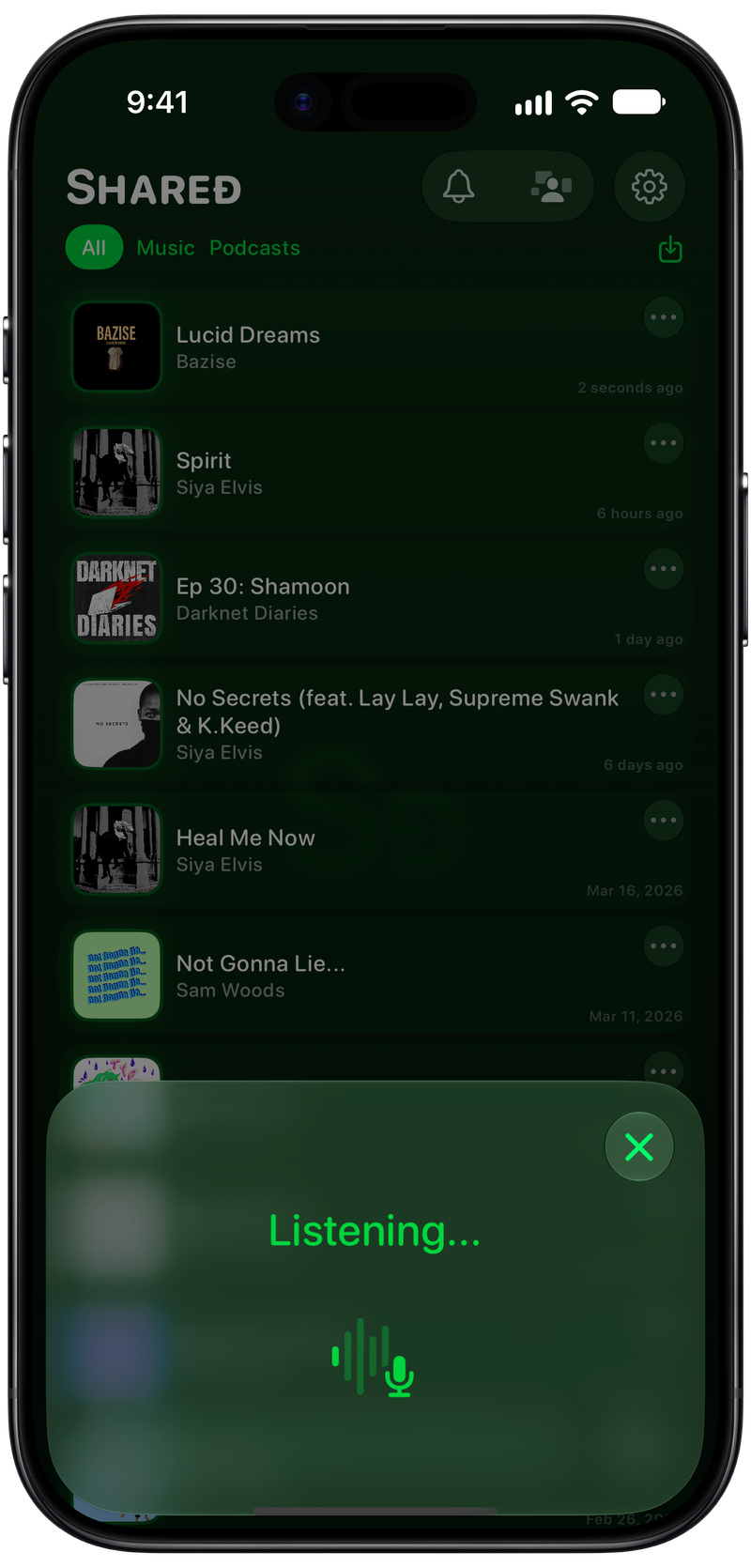 Shared on iPhone Air showing Identifying Song in the Green tint, dark appearance.