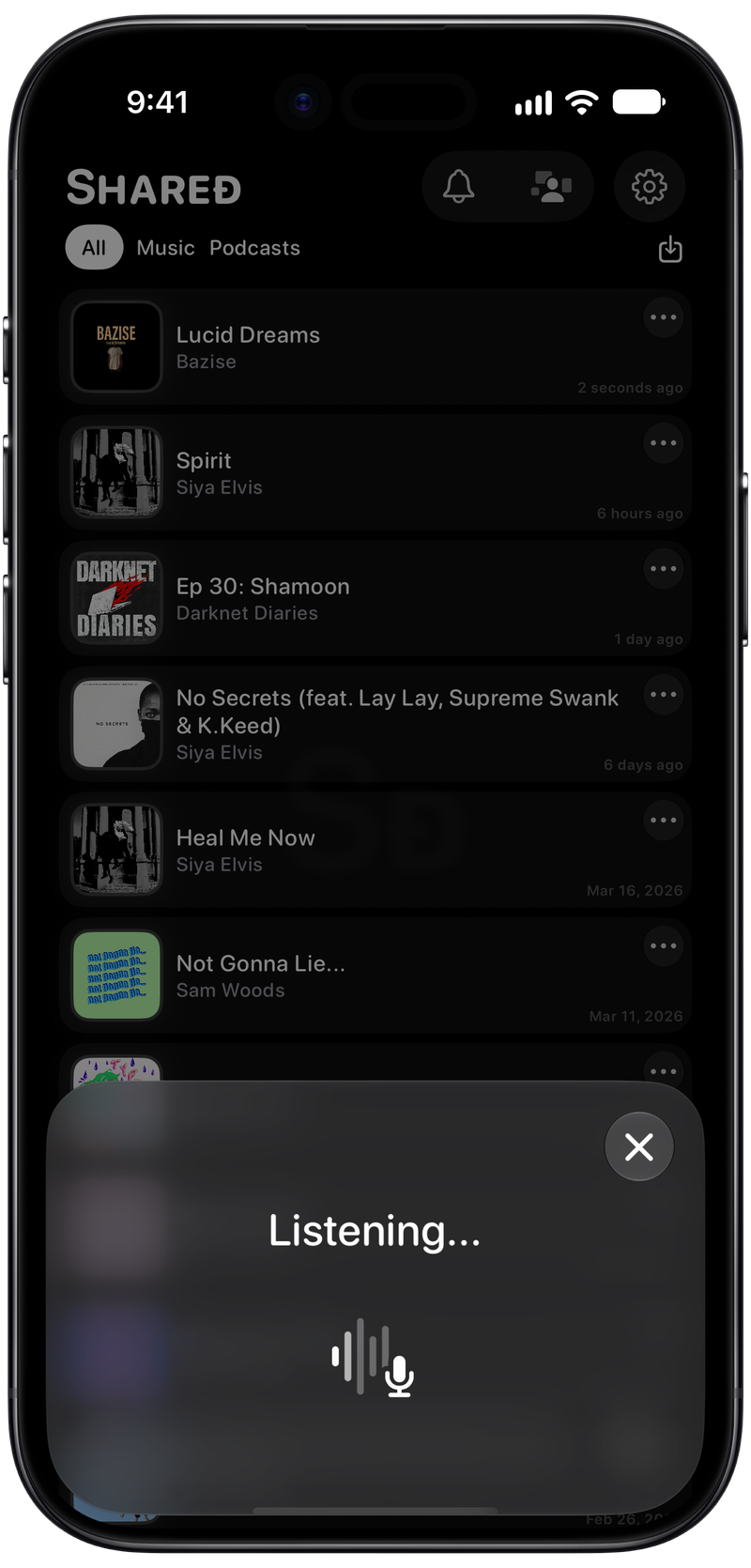 Shared on iPhone Air showing Identifying Song in the Grey tint, dark appearance.
