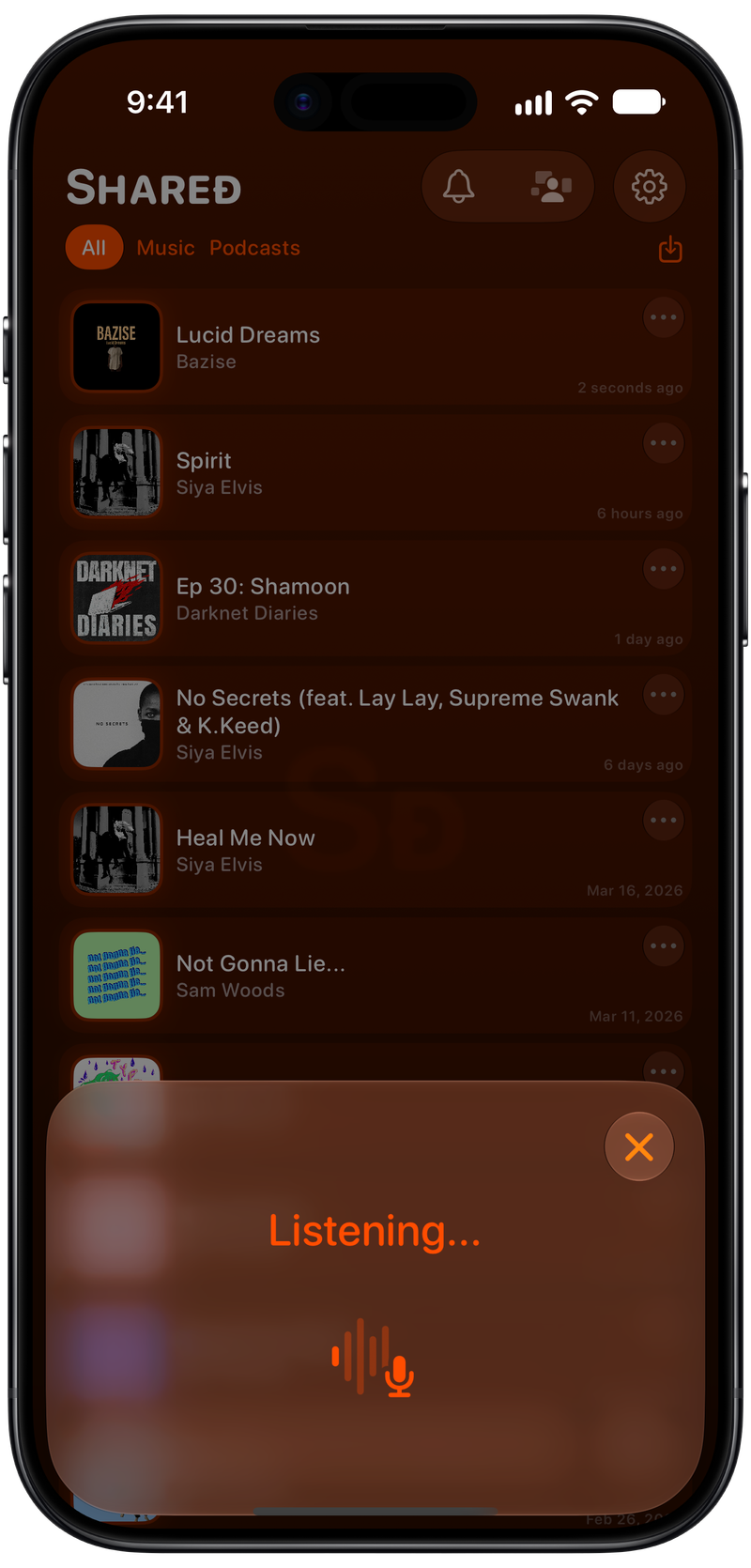 Shared on iPhone Air showing Identifying Song in the Orange tint, dark appearance.