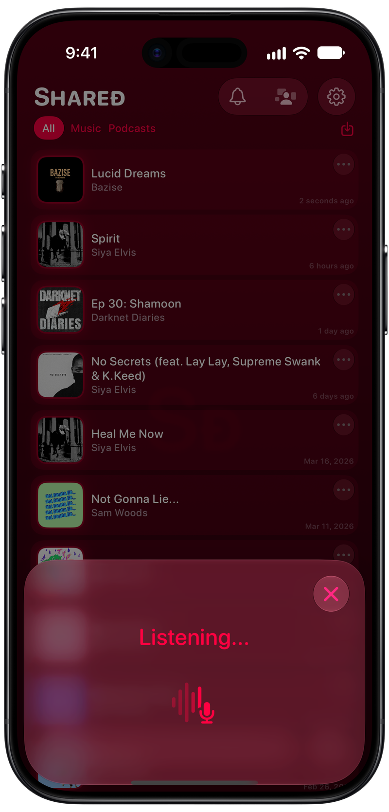 Shared on iPhone Air showing Identifying Song in the Pink tint, dark appearance.