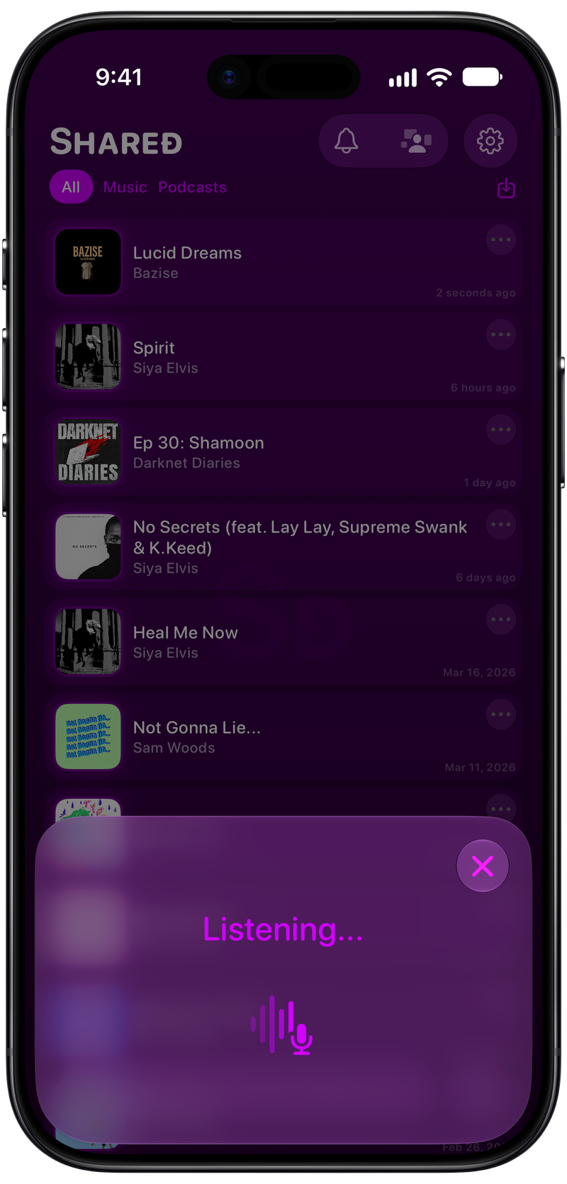 Shared on iPhone Air showing Identifying Song in the Purple tint, dark appearance.