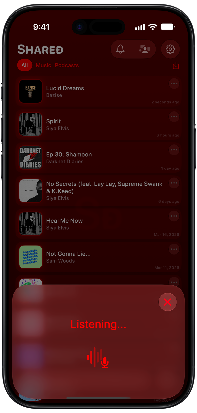 Shared on iPhone Air showing Identifying Song in the Red tint, dark appearance.