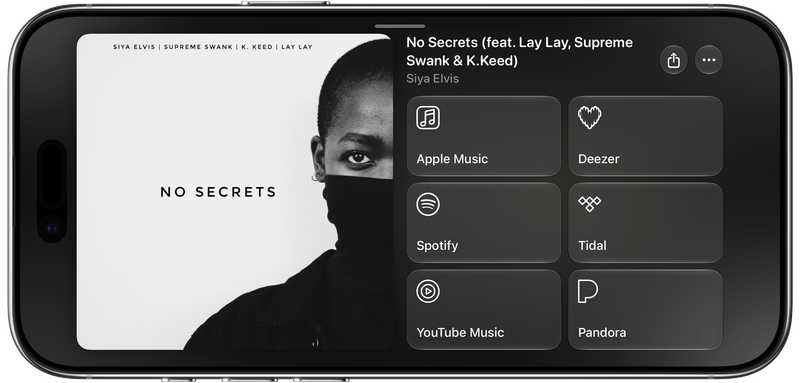 Shared on iPhone Air showing Media View for No Secrets (feat. Lay Lay, Supreme Swank & K.Keed), light appearance.