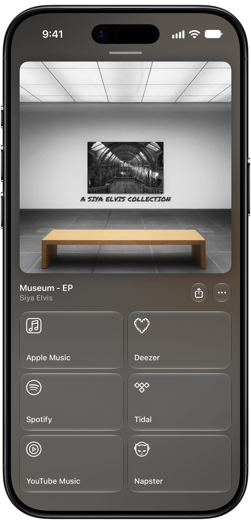 Shared on iPhone Air showing Media View for Museum - EP, dark appearance.