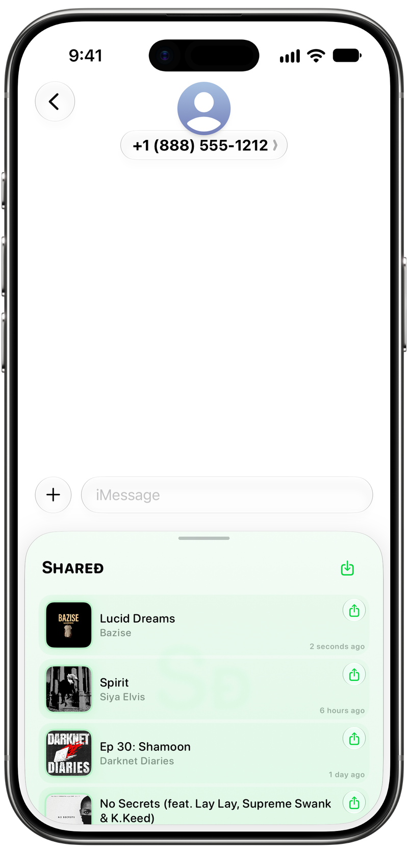 Shared on iPhone Air showing Shared in Messages in the Green tint, light appearance.
