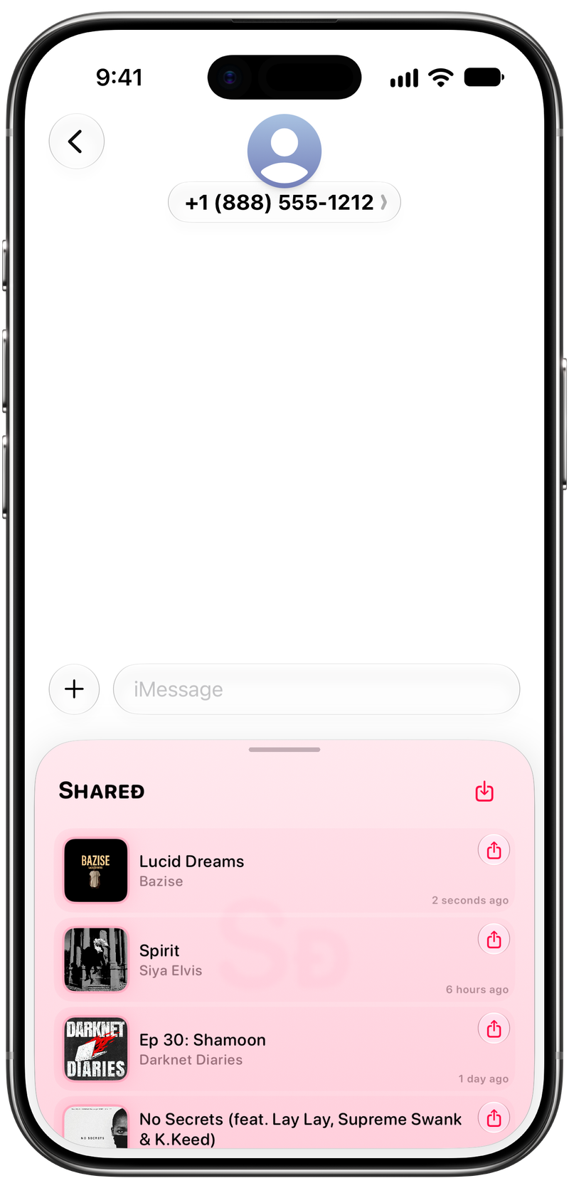 Shared on iPhone Air showing Shared in Messages in the Pink tint, light appearance.
