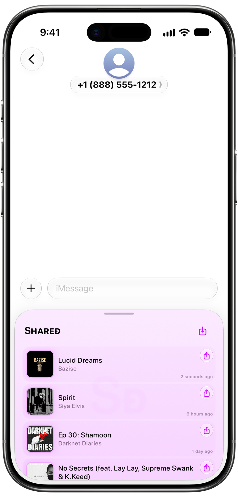 Shared on iPhone Air showing Shared in Messages in the Purple tint, light appearance.