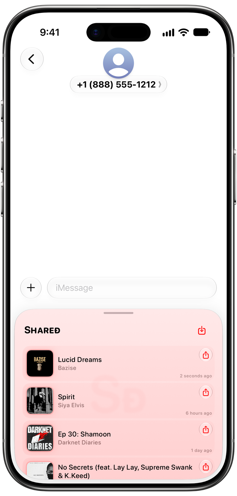Shared on iPhone Air showing Shared in Messages in the Red tint, light appearance.